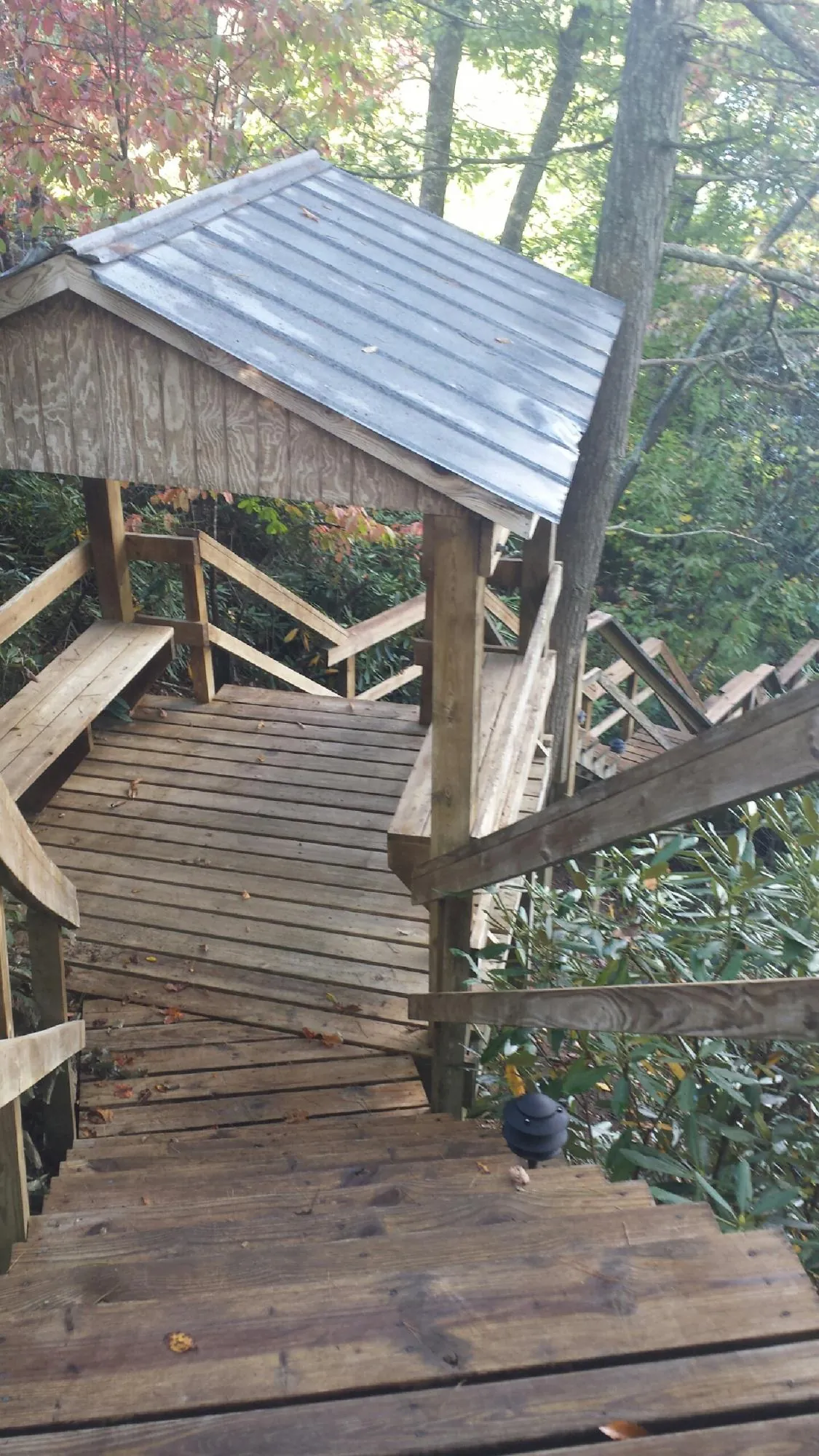 Metal roofed shelter over wooden steps on a wooded walkway — Skylight Repair & Installation work by our crew in Arthur